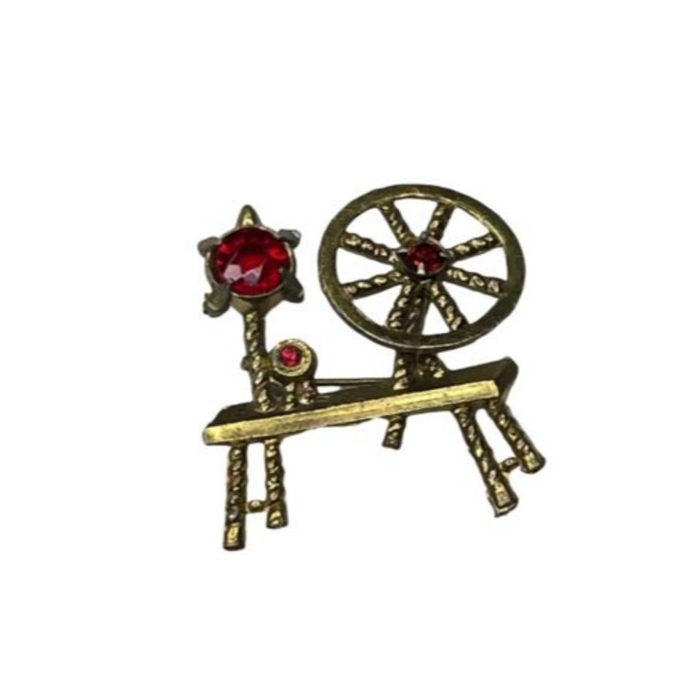 Vintage Spinning Wheel Pin Brooch Pair Red Rhinstones Gold Tone 1.5” C Clasp